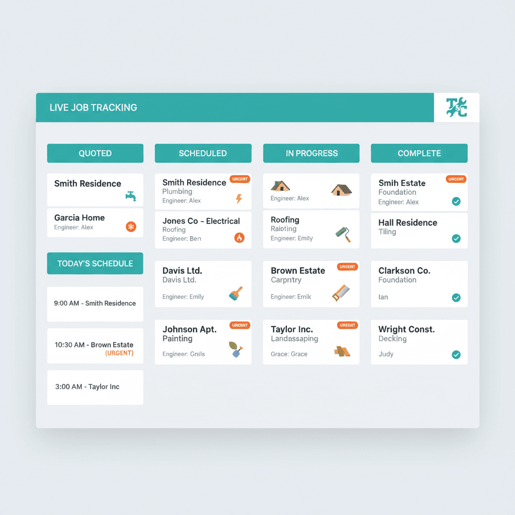 Operational kanban board showing live job tracking with team schedules
